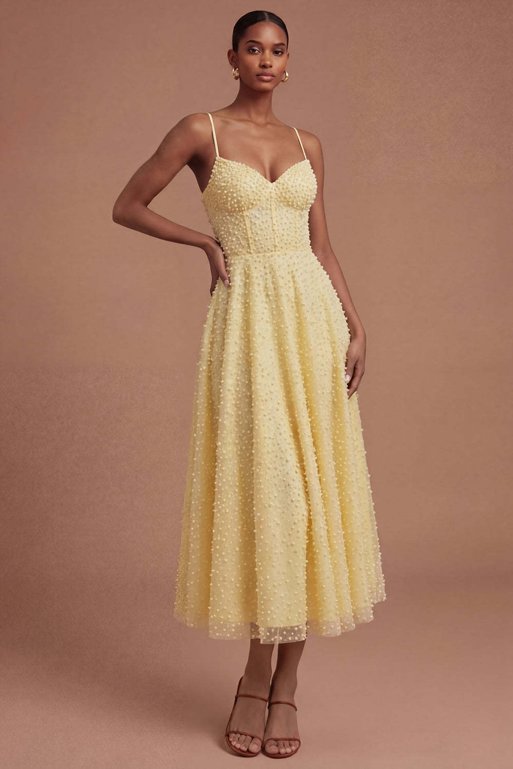 Leely Women Corset A Line Yellow Spaghetti Straps Midi Prom Dress Beaded Backless Sleeveless Evening Dress