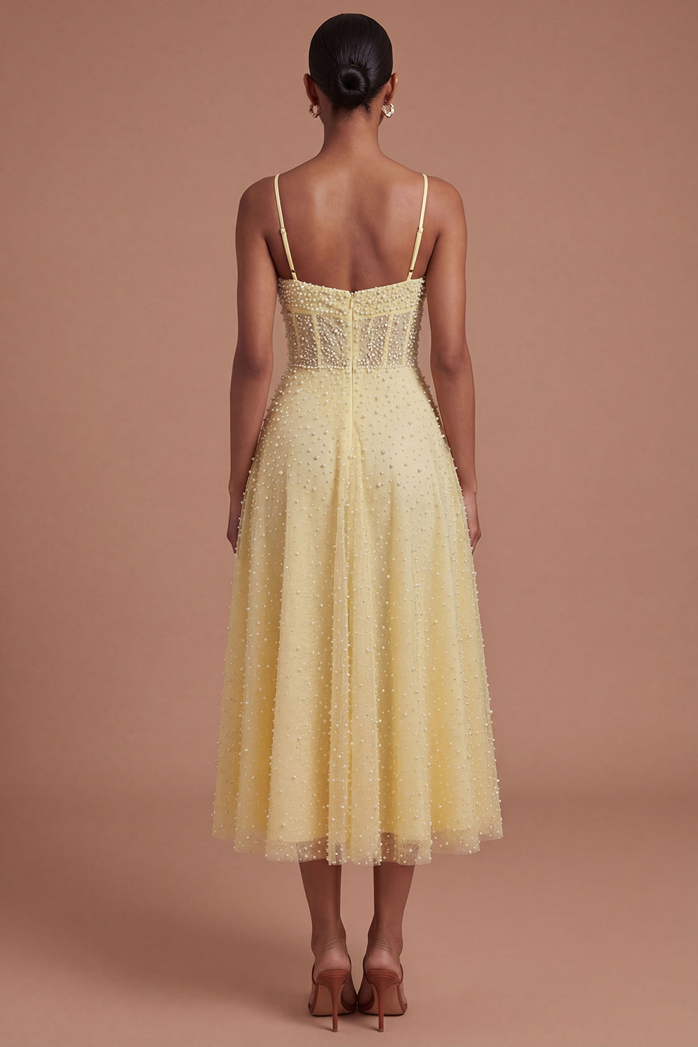 Corset A Line Yellow Beaded Spaghetti Straps Midi Prom Dress