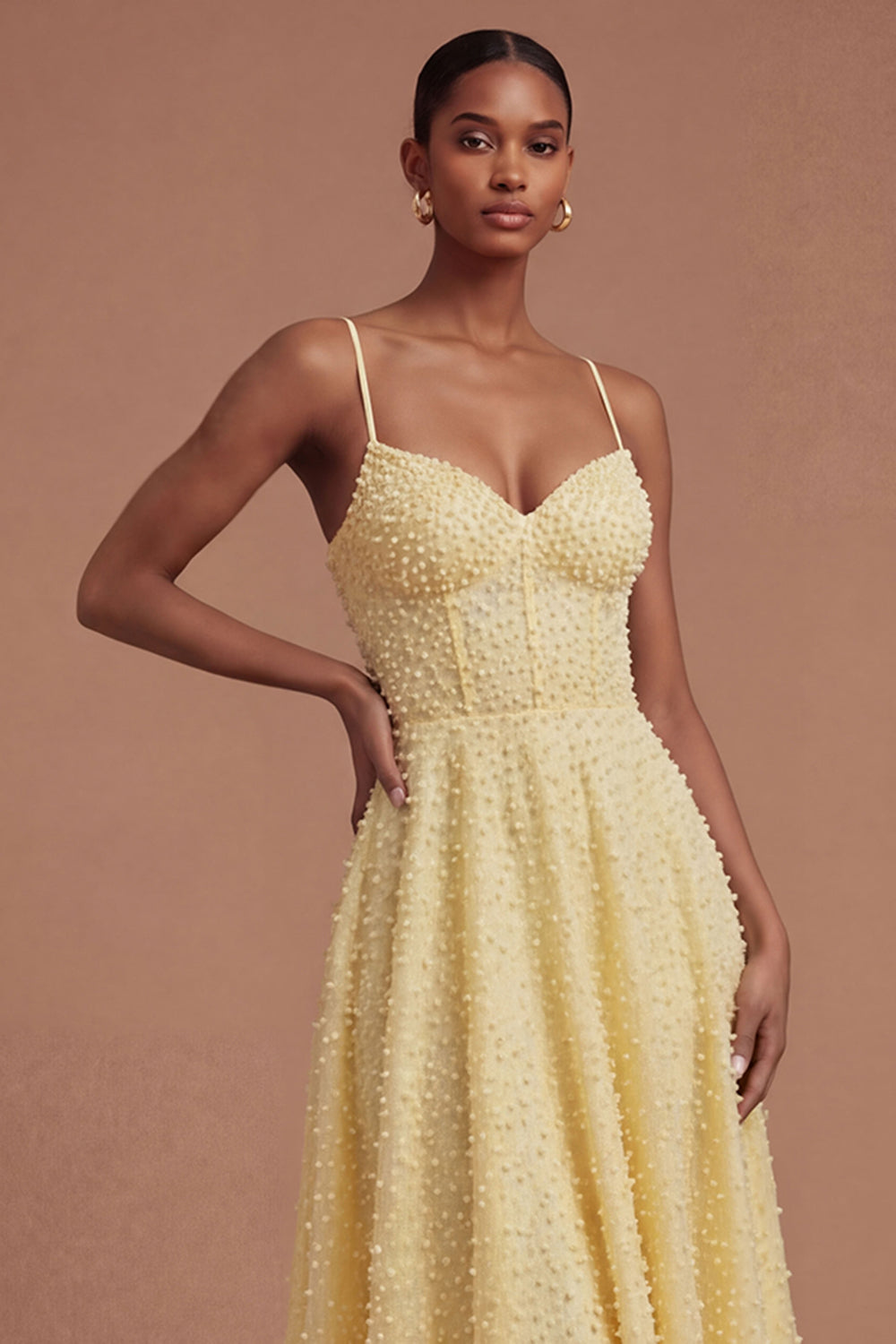 Corset A Line Yellow Beaded Spaghetti Straps Midi Prom Dress