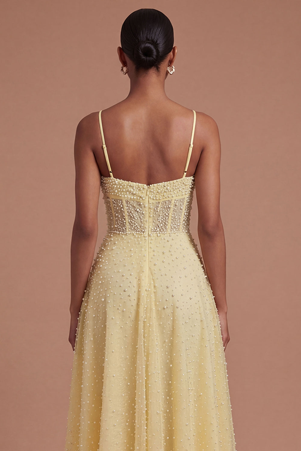Corset A Line Yellow Beaded Spaghetti Straps Midi Prom Dress