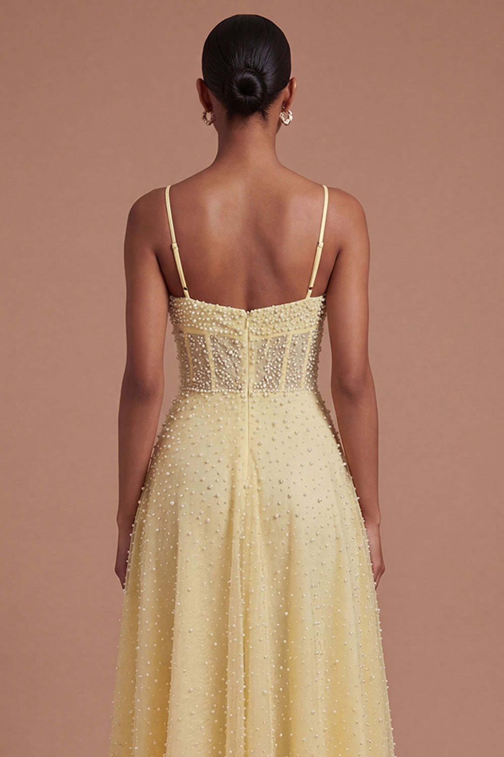 Corset A Line Yellow Beaded Spaghetti Straps Midi Prom Dress
