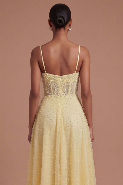 Corset A Line Yellow Beaded Spaghetti Straps Midi Prom Dress