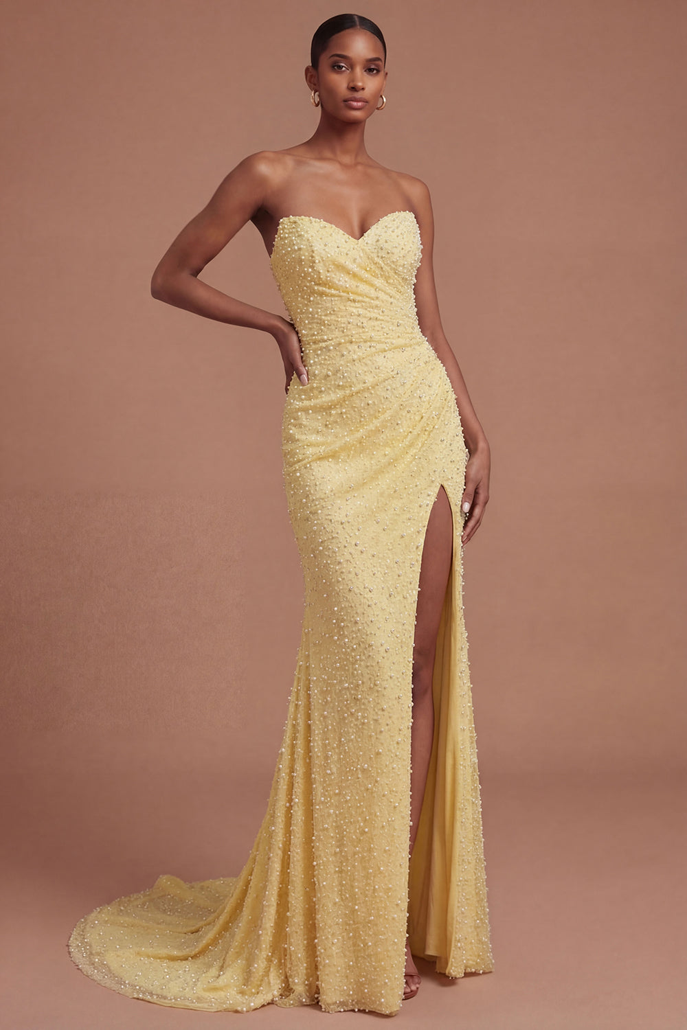 Sweetheart Beaded Mermaid Ruched Long Prom Dress with Slit