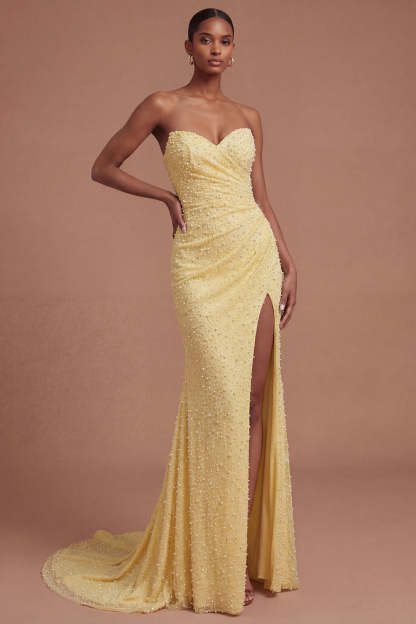 Leely Women Sweetheart Beaded Mermaid Ruched Long Prom Dress with Slit Backless Sleeveless Evening Dress