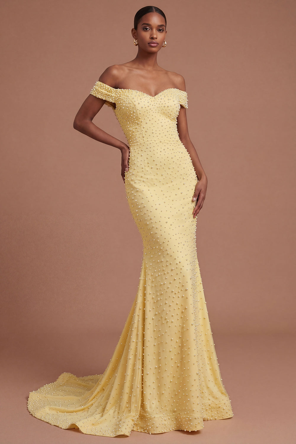 Leely Women Mermaid Backless Yellow Long Prom Dress Off the Shoulder Beaded Wedding Guest Dress