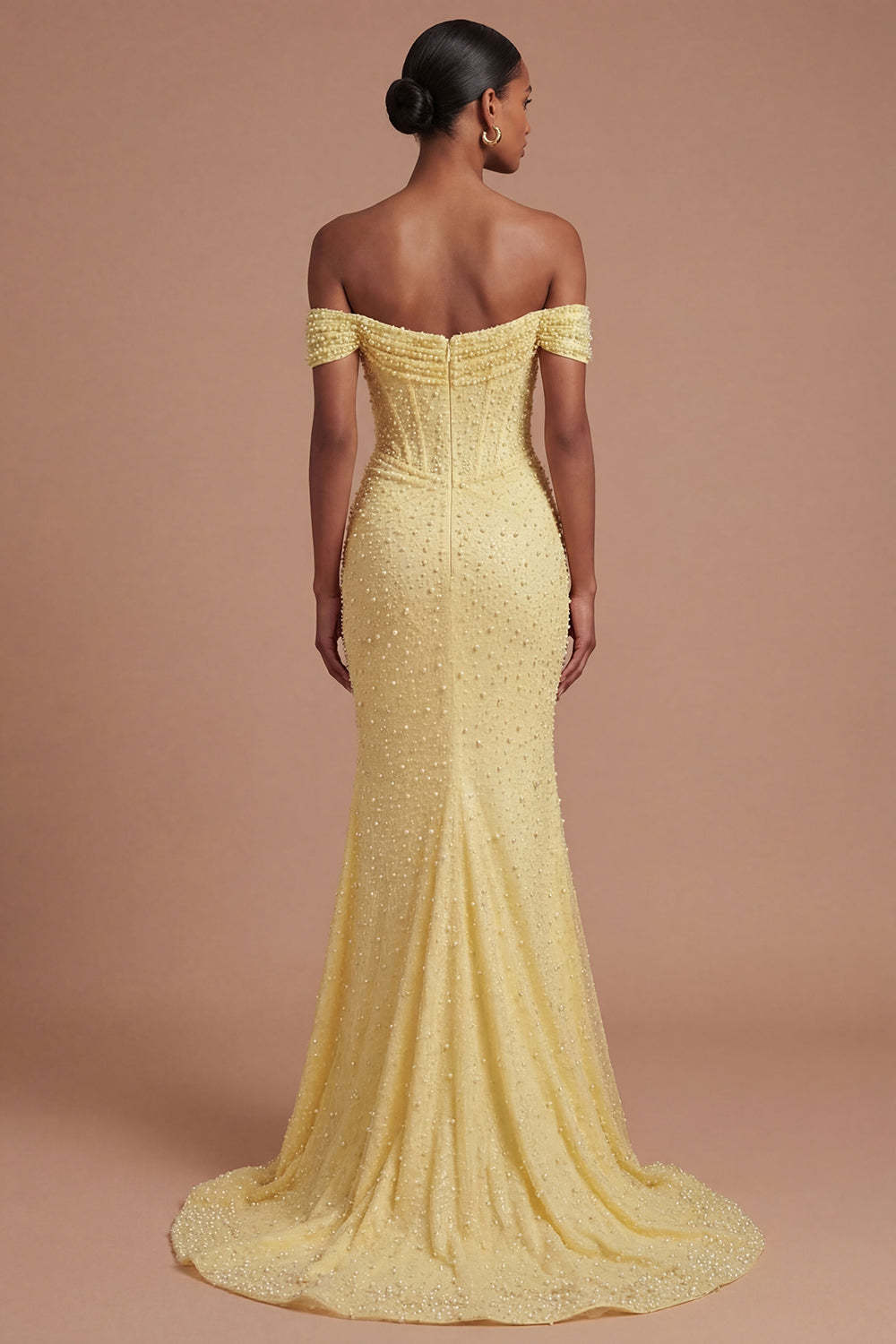 Mermaid Backless Yellow Off the Shoulder Long Prom Dress