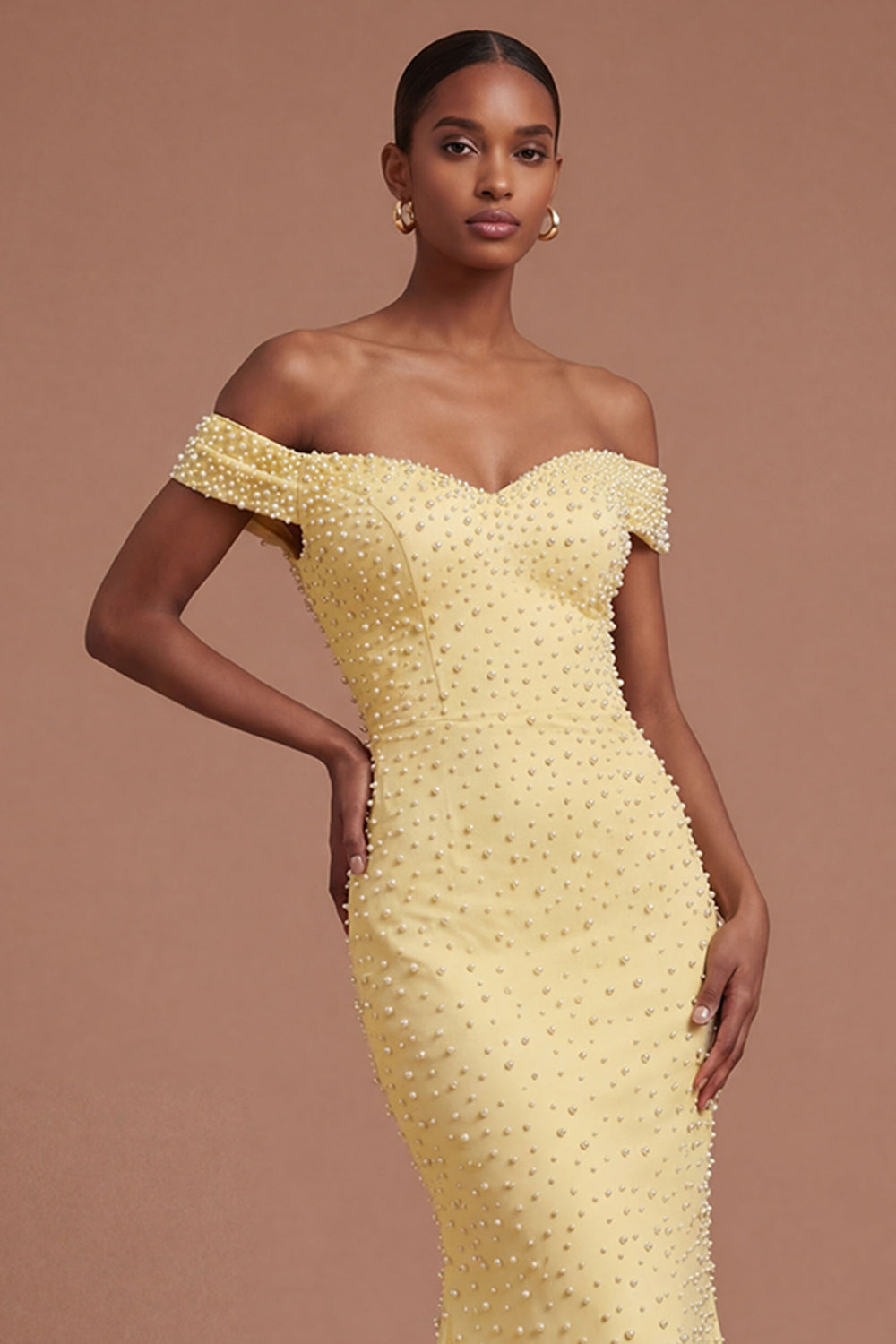 Mermaid Backless Yellow Off the Shoulder Long Prom Dress