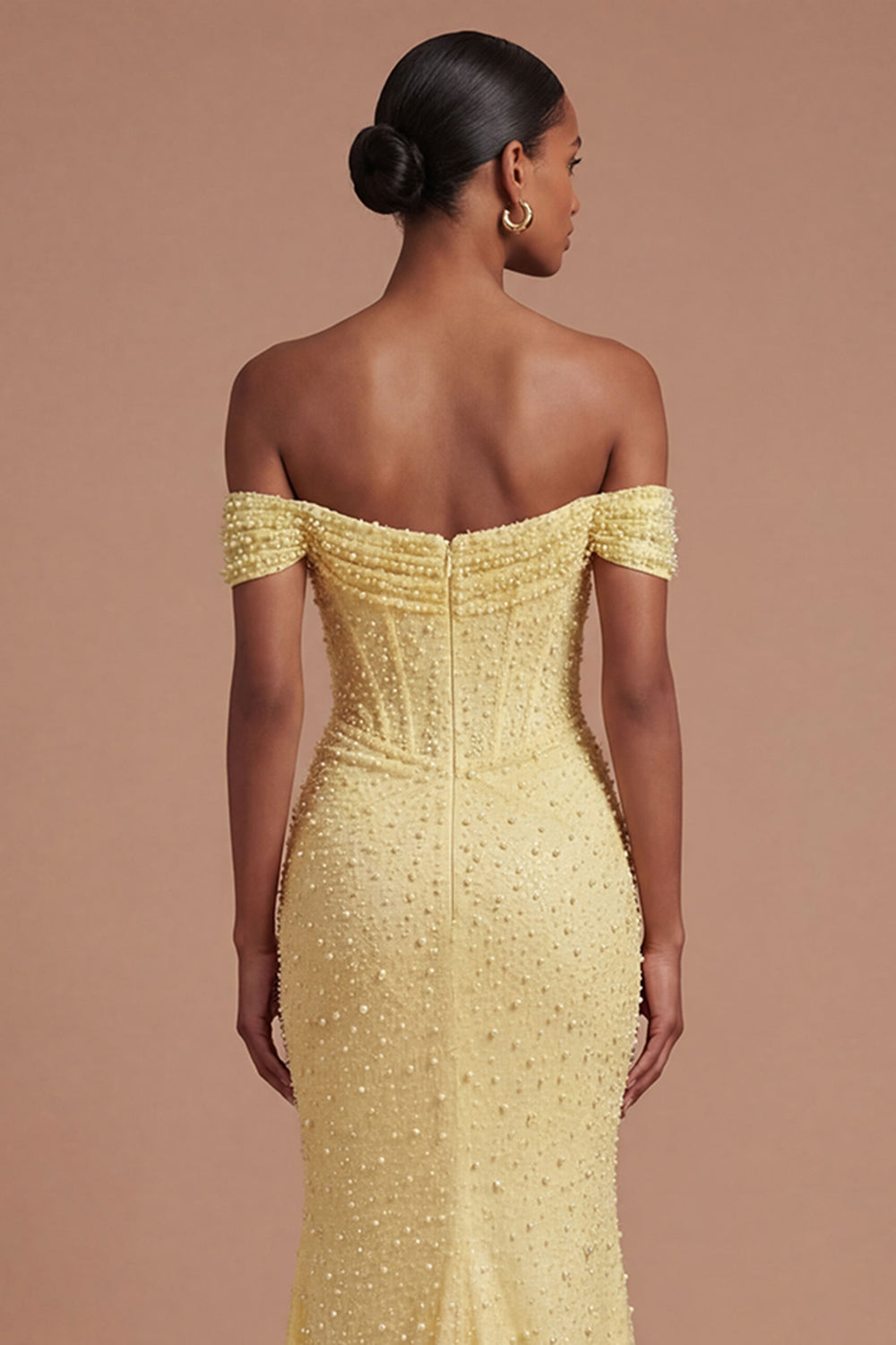 Mermaid Backless Yellow Off the Shoulder Long Prom Dress