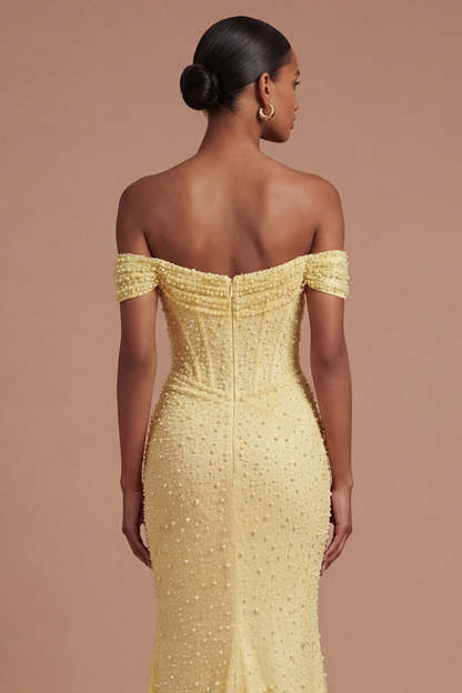 Mermaid Backless Yellow Off the Shoulder Long Prom Dress
