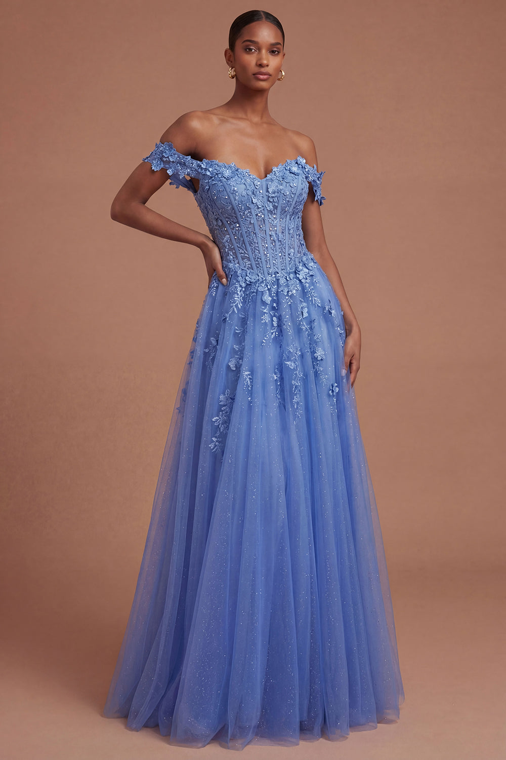 Dark Blue Off the Shoulder Corset Floral Appliqued A Line Long Prom Dress