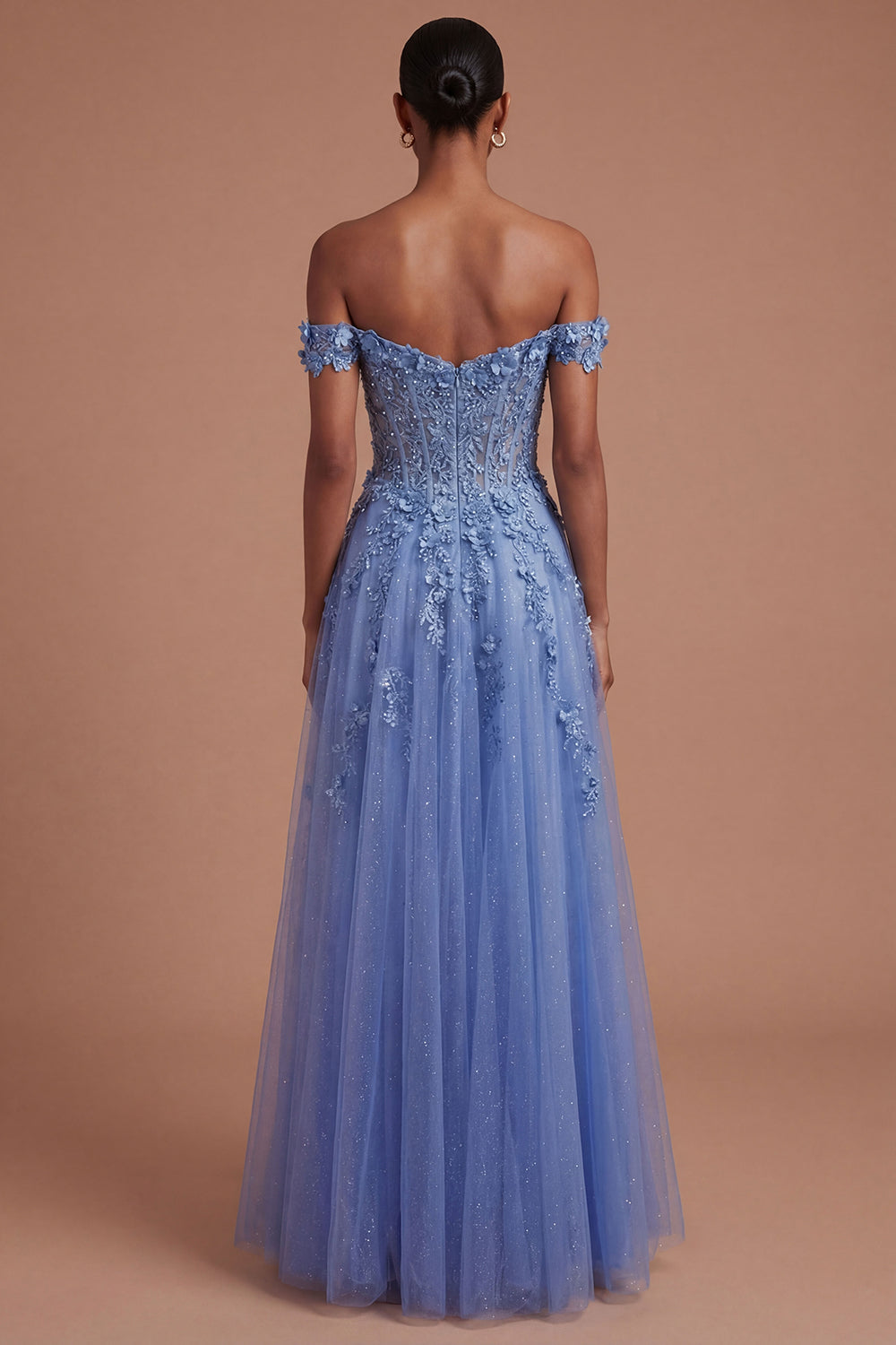 Dark Blue Off the Shoulder Corset Floral Appliqued A Line Long Prom Dress