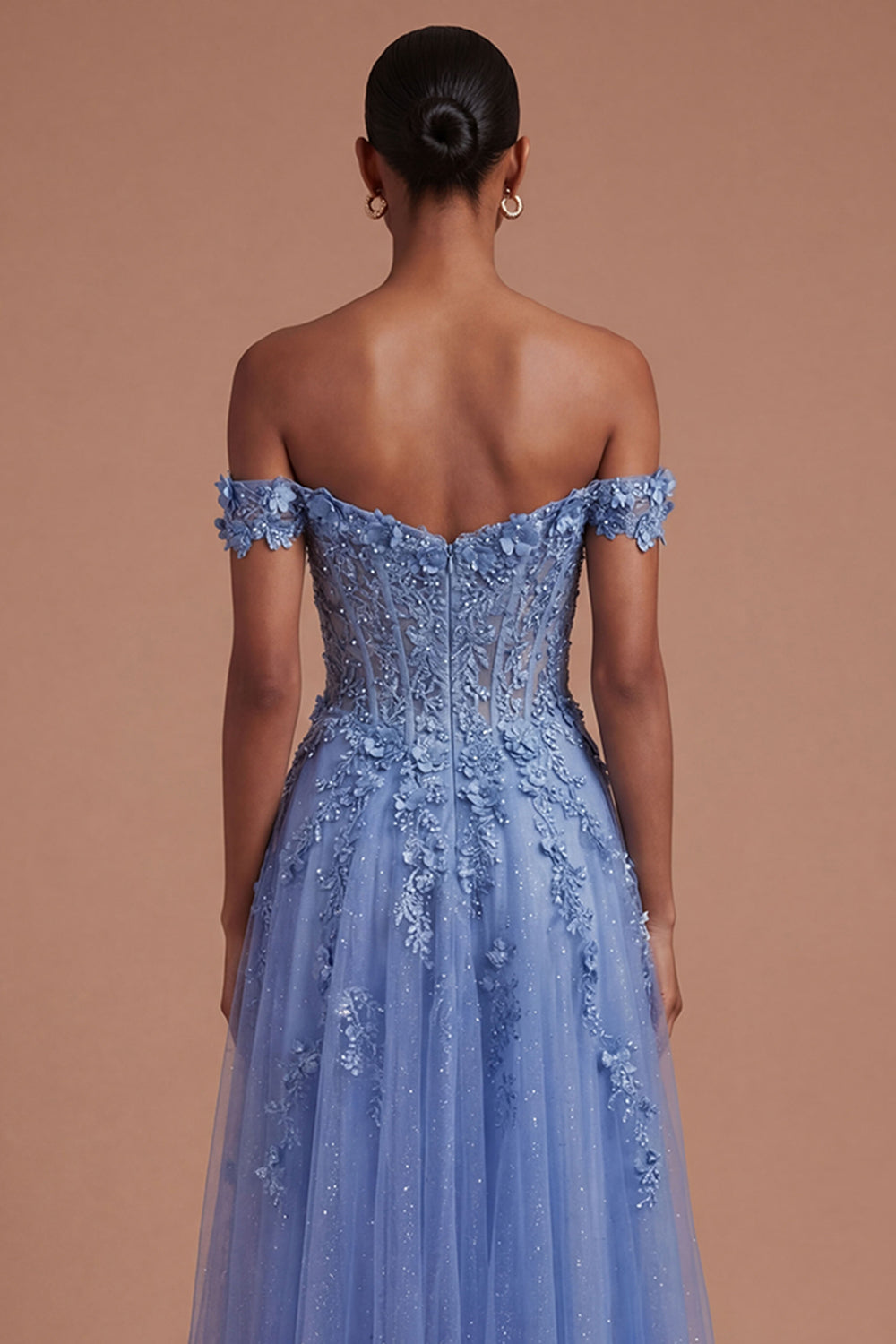 Dark Blue Off the Shoulder Corset Floral Appliqued A Line Long Prom Dress