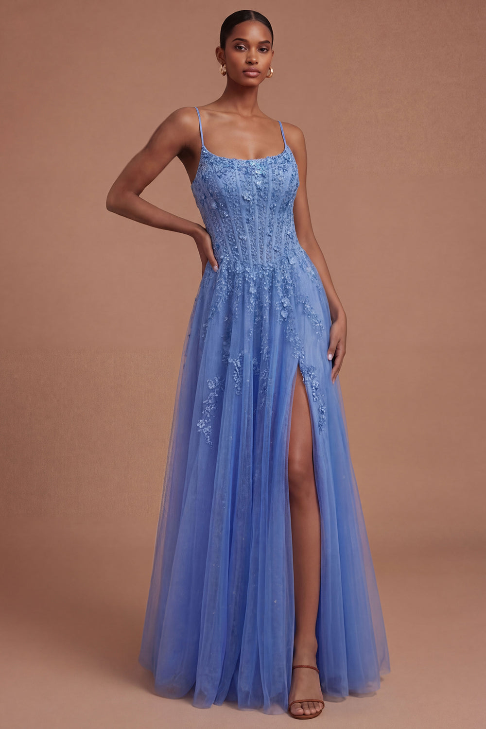 Leely Women Corset A Line Dark Blue Long Prom Dress with Slit Spaghetti Straps Backless Sleeveless Evening Dress