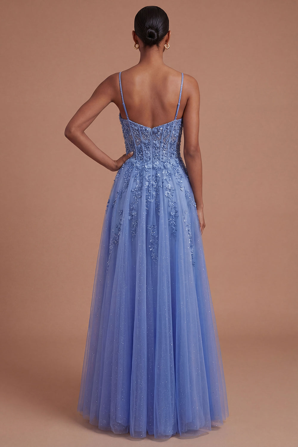 Corset Spaghetti Straps A Line Dark Blue Long Prom Dress with Slit