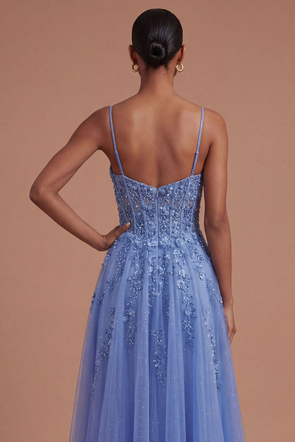 Corset Spaghetti Straps A Line Dark Blue Long Prom Dress with Slit