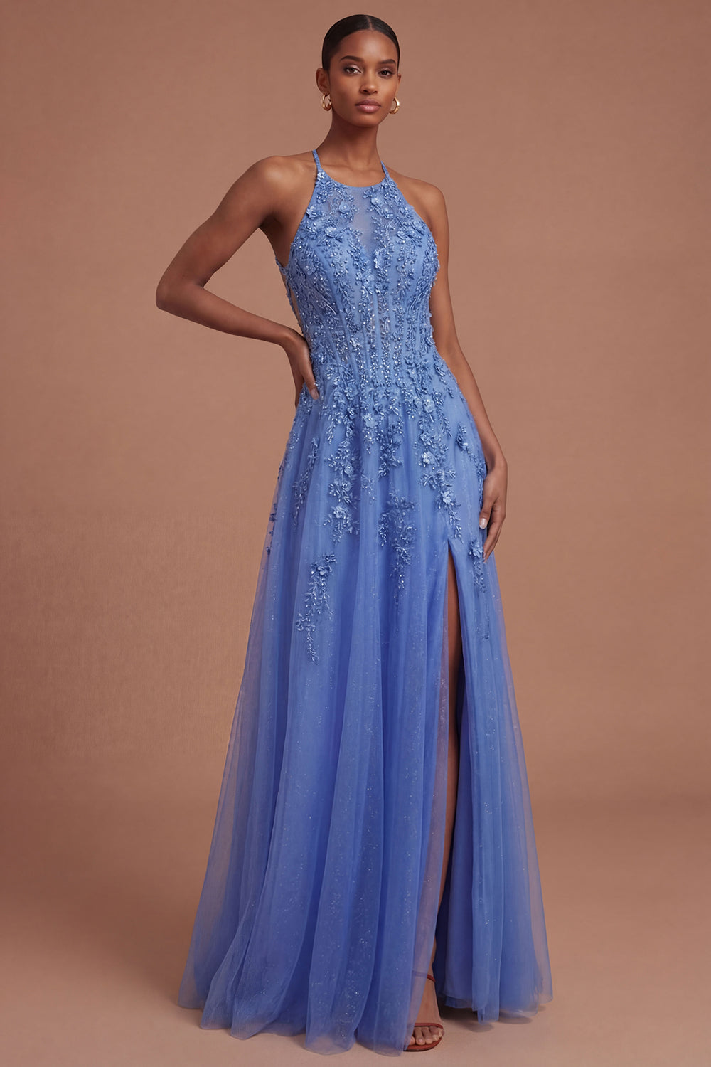 Floral Corset Halter Neck A Line Appliqued Dark Blue Long Prom Dress with Slit