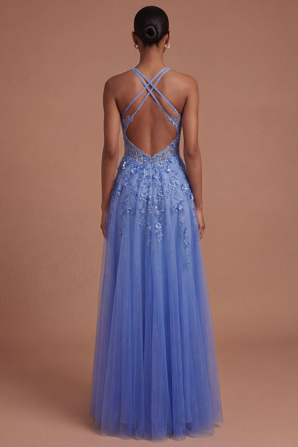 Floral Corset Halter Neck A Line Appliqued Dark Blue Long Prom Dress with Slit