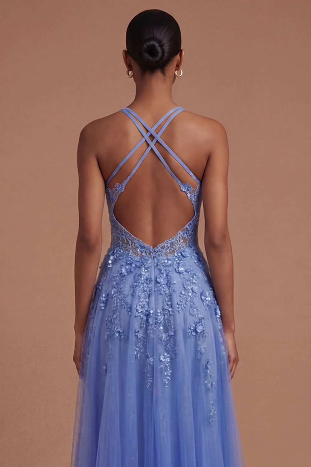 Floral Corset Halter Neck A Line Appliqued Dark Blue Long Prom Dress with Slit