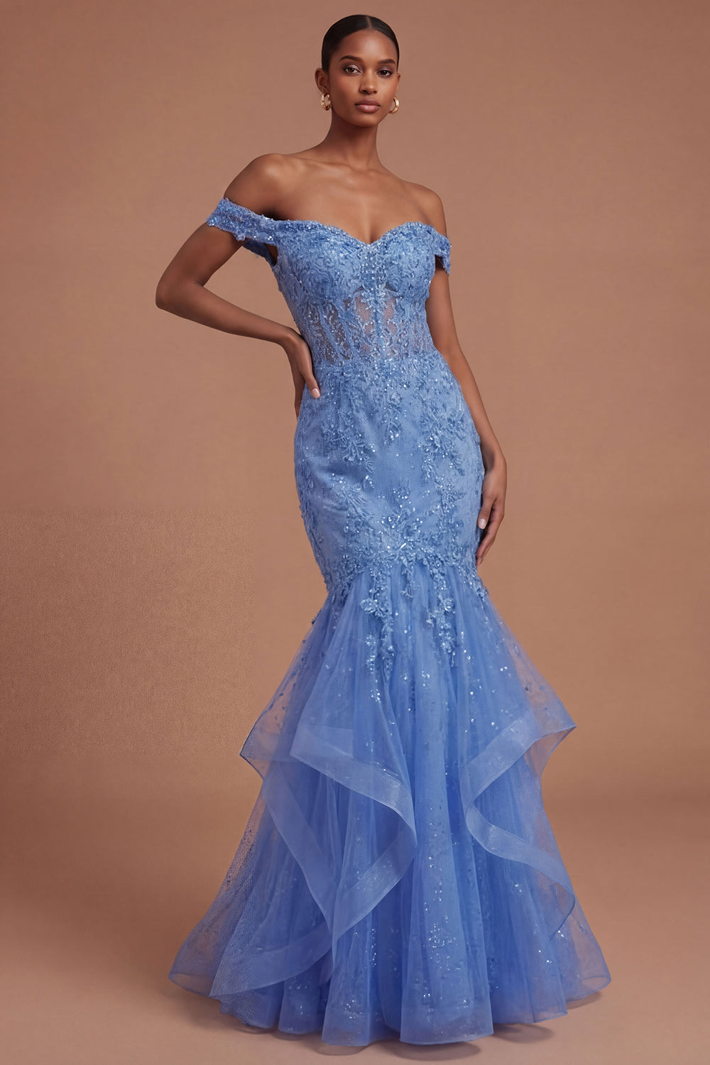 Leely Women Floral Corset Mermaid Appliqued Dark Blue Long Prom Dress Off the Shoulder Ruffled Wedding Guest Dress