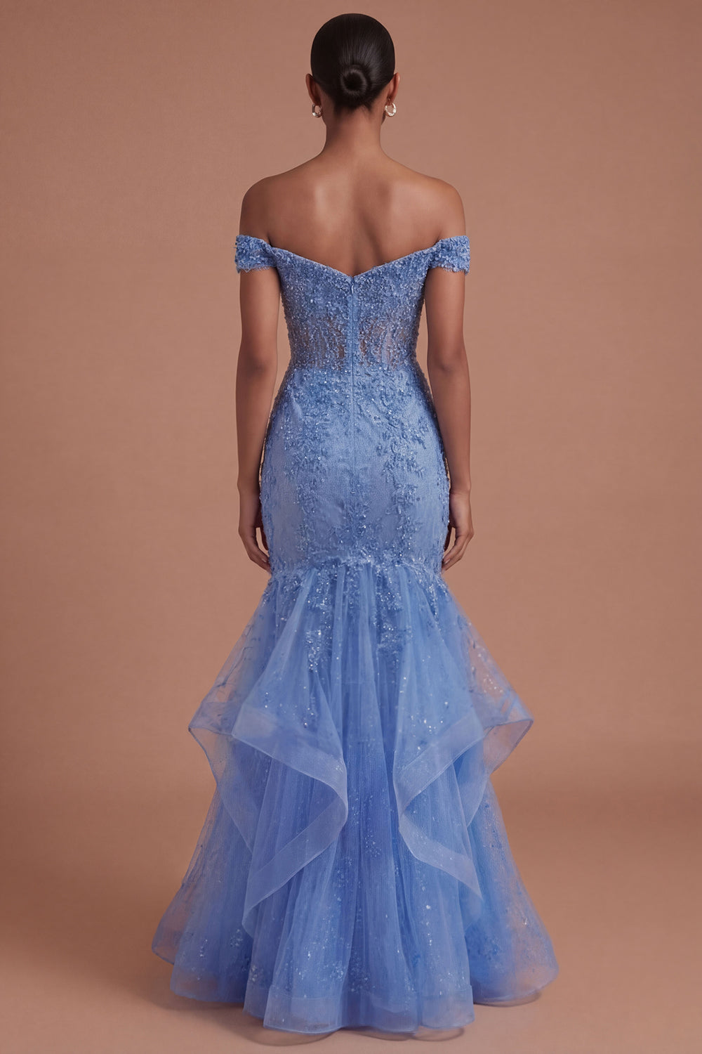 Floral Corset Mermaid Appliqued Dark Blue Long Prom Dress