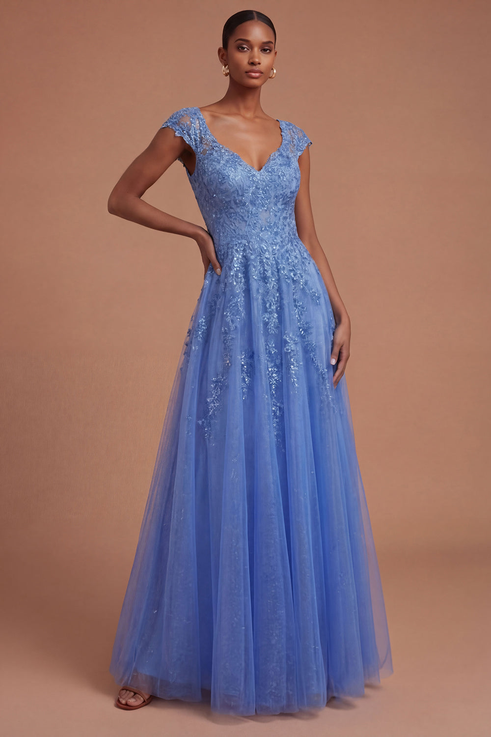 Leely Women Floral A Line Appliqued Dark Blue Long Prom Dress V Neck Sleeveless Wedding Guest Dress