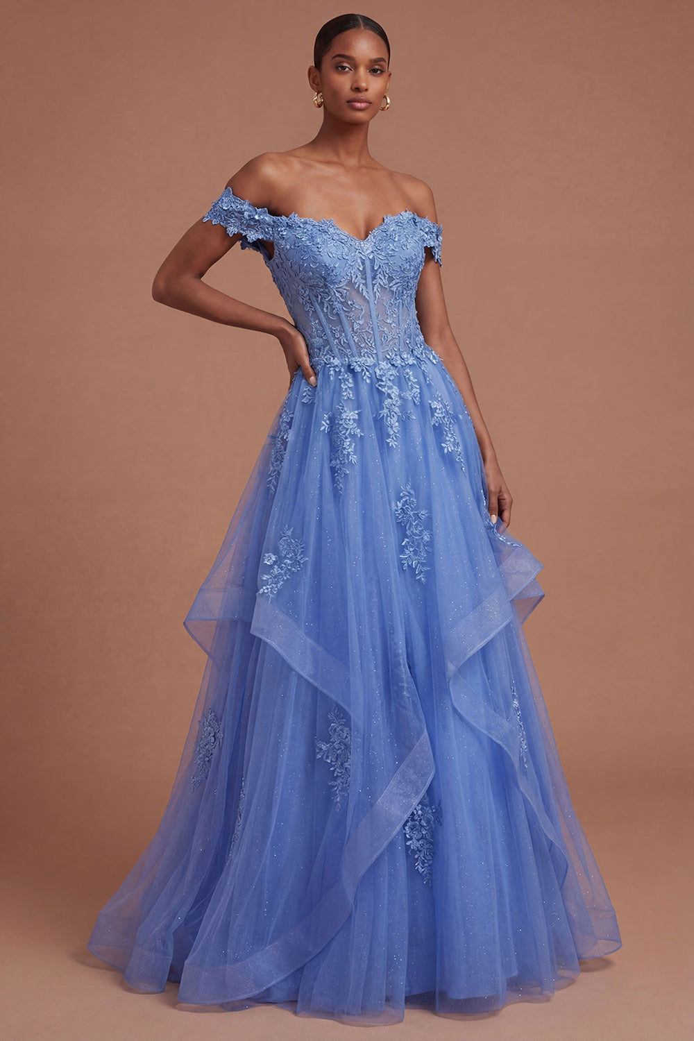 Leely Women Floral A Line Corset Appliqued Dark Blue Long Prom Dress Backless Ruffled Evening Dress