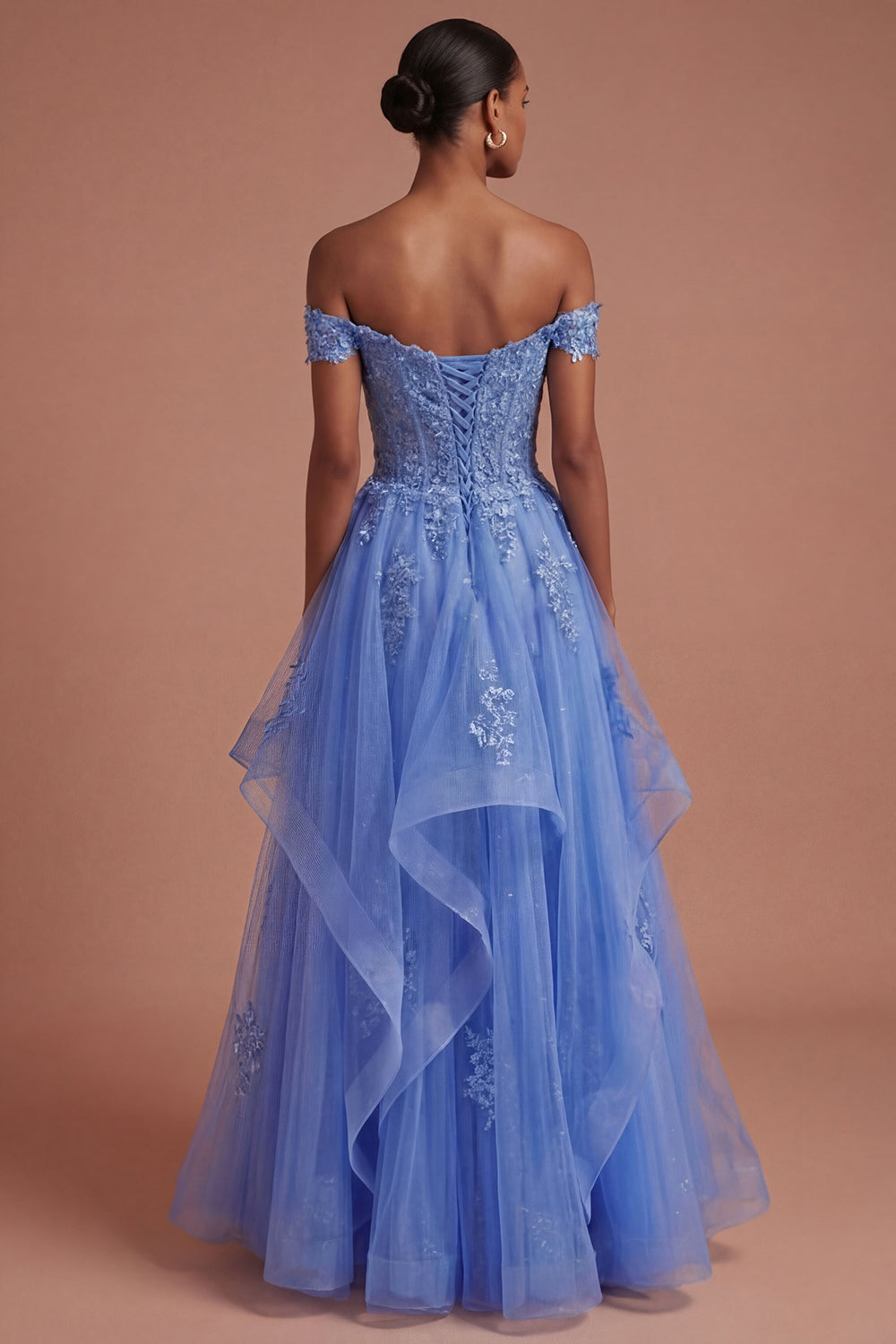 Floral A Line Corset Appliqued Dark Blue Long Prom Dress