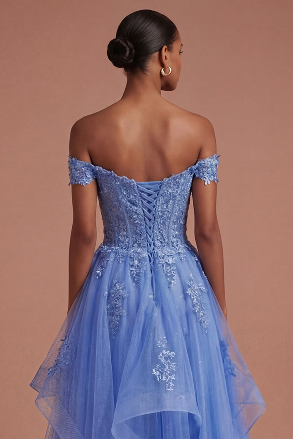 Floral A Line Corset Appliqued Dark Blue Long Prom Dress