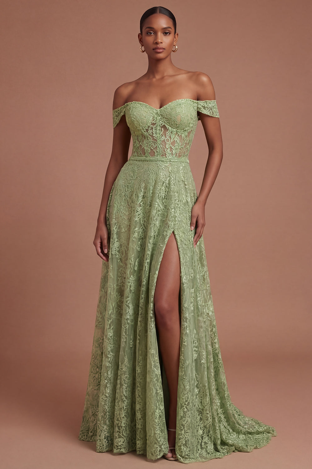 Lace Off the Shoulder Sage Green A Line Long Prom Dress with Slit