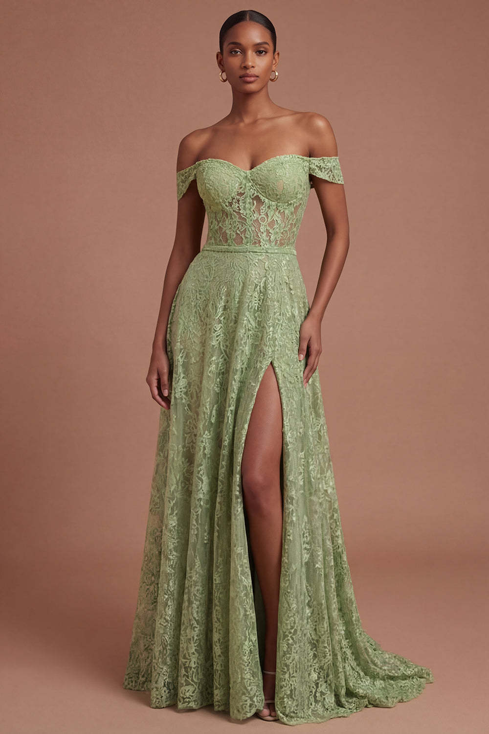 Leely Women Lace Sage Green A Line Long Prom Dress with Slit Off the Shoulder Backless Evening Dress