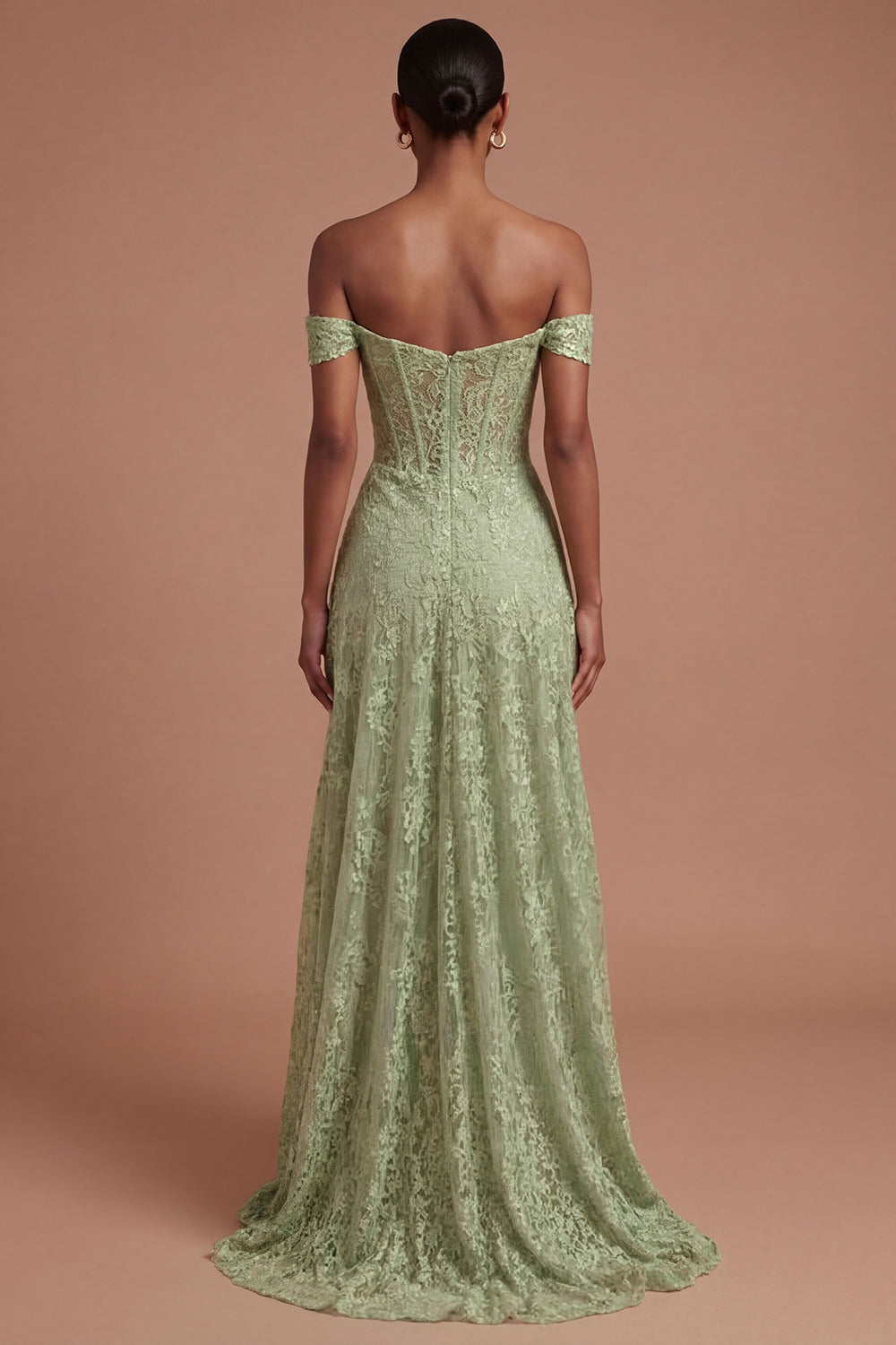 Lace Off the Shoulder Sage Green A Line Long Prom Dress with Slit