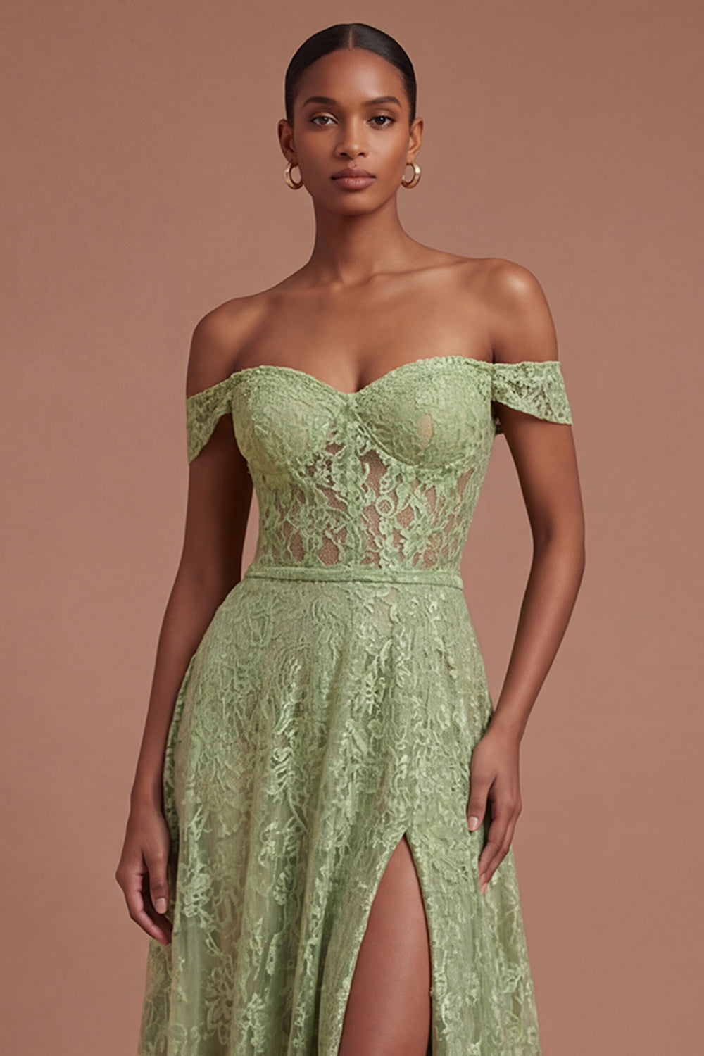 Lace Off the Shoulder Sage Green A Line Long Prom Dress with Slit