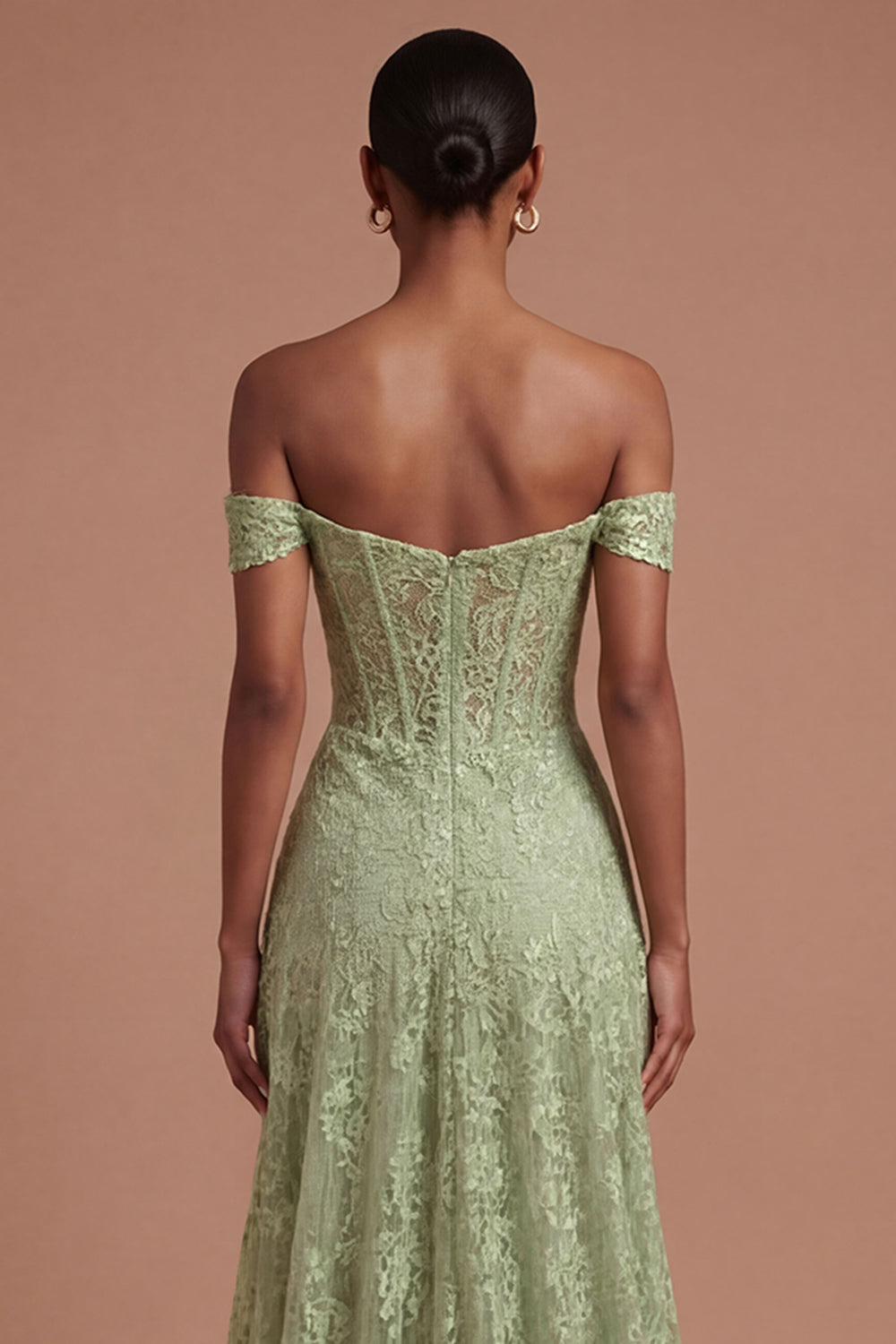 Lace Off the Shoulder Sage Green A Line Long Prom Dress with Slit