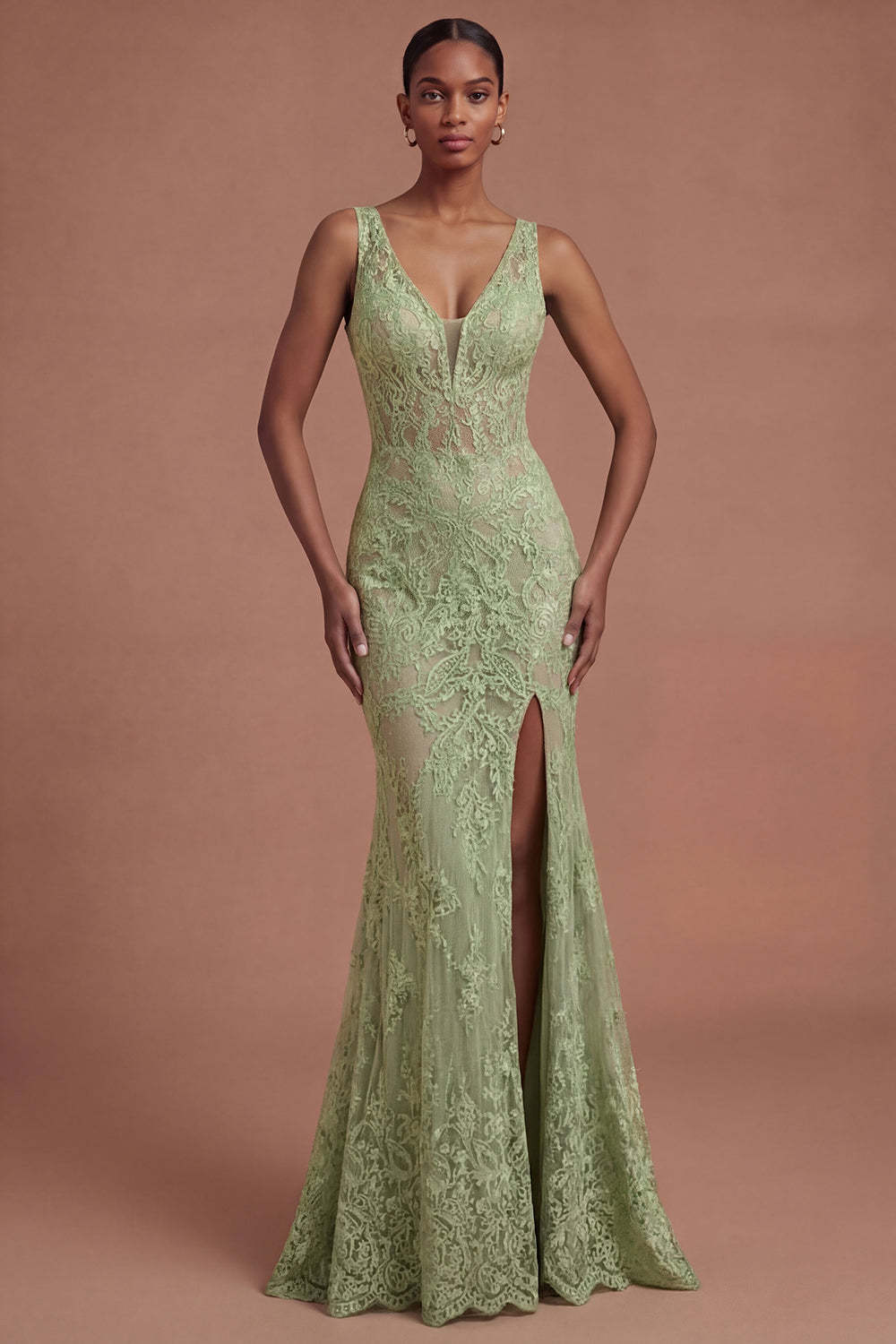 Leely Women Lace Sage Green Mermaid Long Prom Dress with Slit V Neck Sleeveless Gala Dress