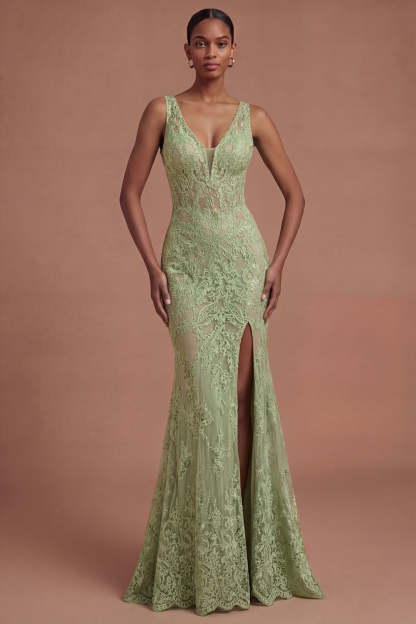 Leely Women Lace Sage Green Mermaid Long Prom Dress with Slit V Neck Sleeveless Gala Dress