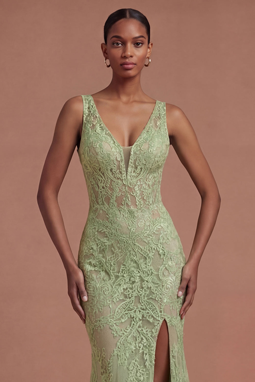 Lace Sage Green Mermaid Long Prom Dress with Slit
