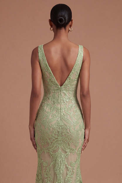 Lace Sage Green Mermaid Long Prom Dress with Slit