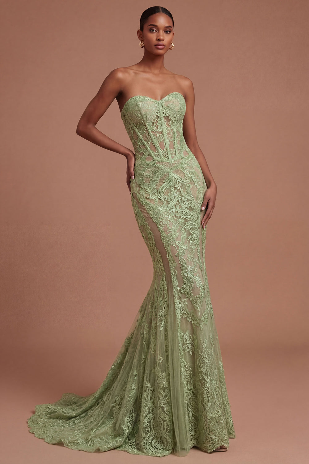 lLeely Women Corset Mermaid Lace Floral Sage Green Long Prom Dress Sweetheart Sleeveless Evening Dress