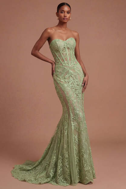 lLeely Women Corset Mermaid Lace Floral Sage Green Long Prom Dress Sweetheart Sleeveless Evening Dress