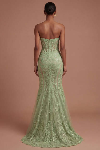 Corset Mermaid Lace Floral Sage Green Long Prom Dress