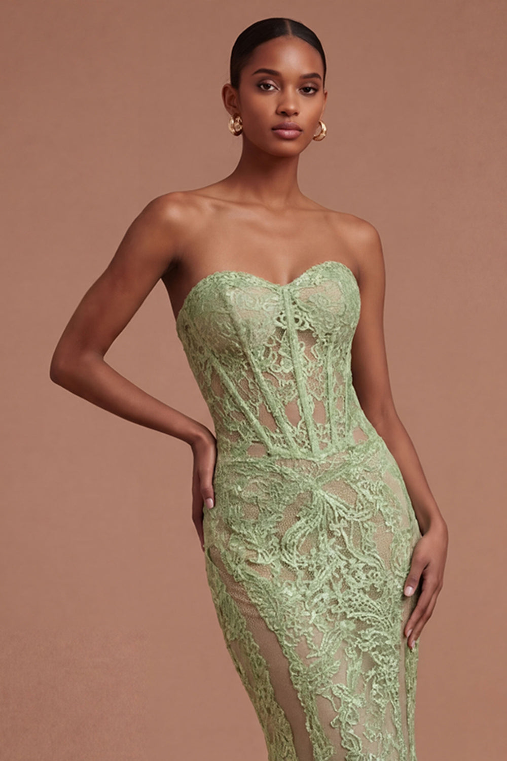 Corset Mermaid Lace Floral Sage Green Long Prom Dress