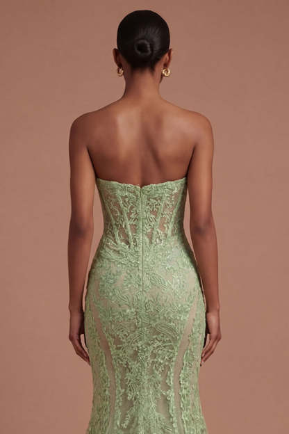 Corset Mermaid Lace Floral Sage Green Long Prom Dress
