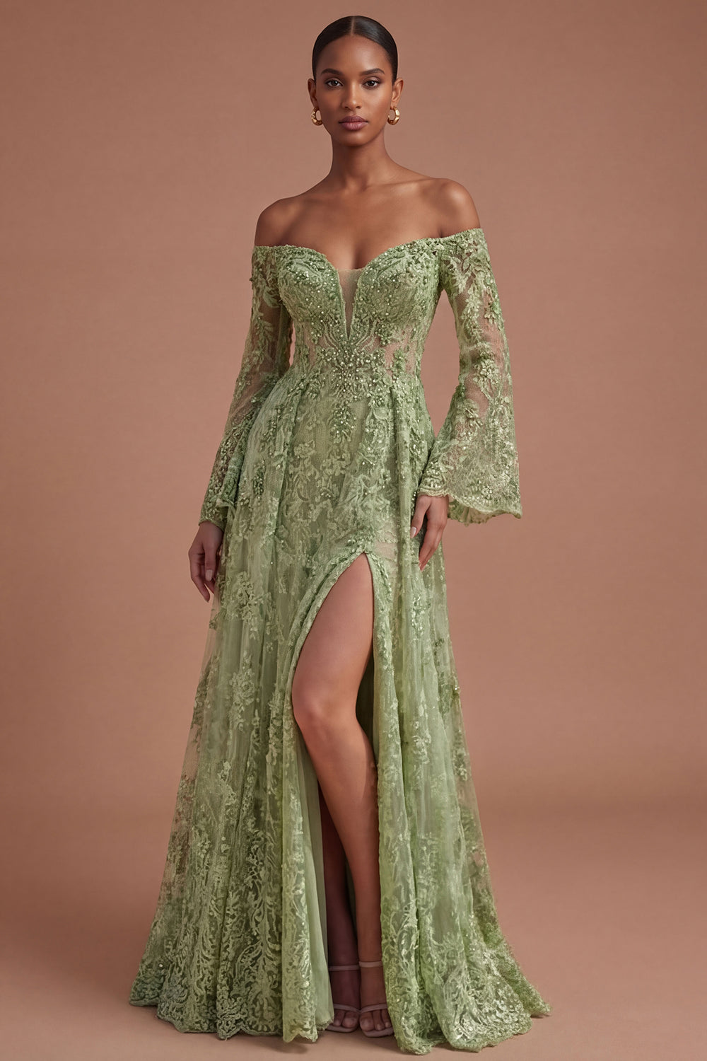 Sage Green A Line Off the Shoulder Lace Floral Long Prom Dress with Slit