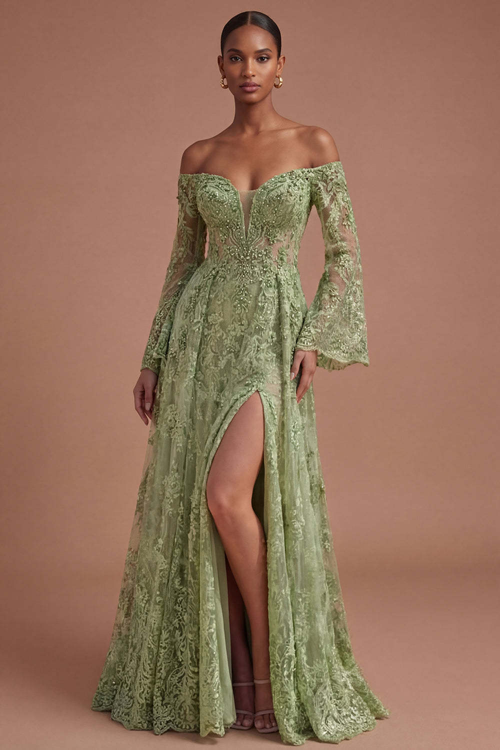 lLeely Women Sage Green A Line Lace Floral Long Prom Dress with Slit Off the Shoulder Backless Sleeveless Evening Dress