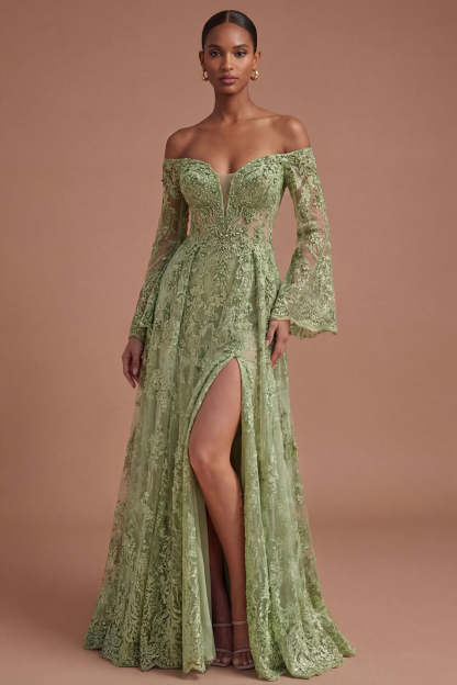 lLeely Women Sage Green A Line Lace Floral Long Prom Dress with Slit Off the Shoulder Backless Sleeveless Evening Dress
