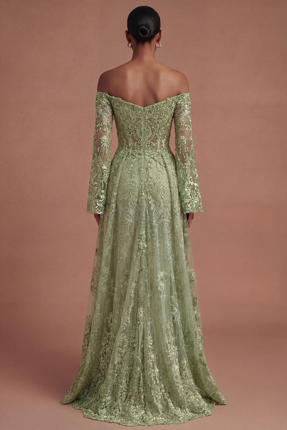 Sage Green A Line Off the Shoulder Lace Floral Long Prom Dress with Slit