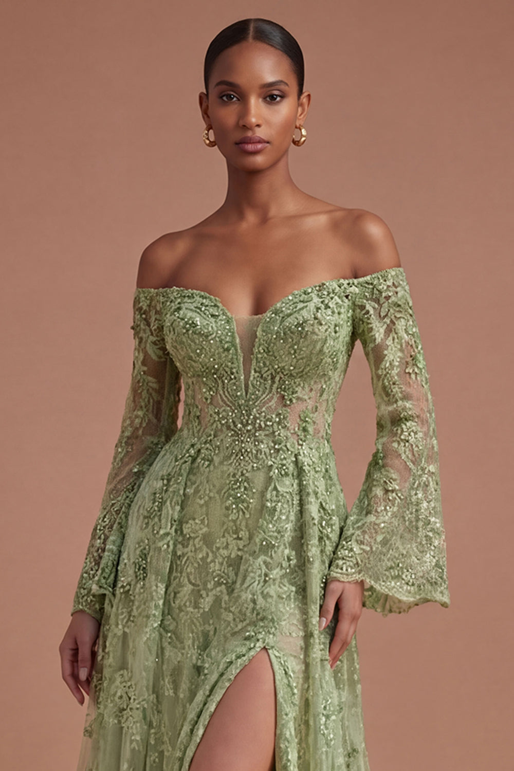 Sage Green A Line Off the Shoulder Lace Floral Long Prom Dress with Slit