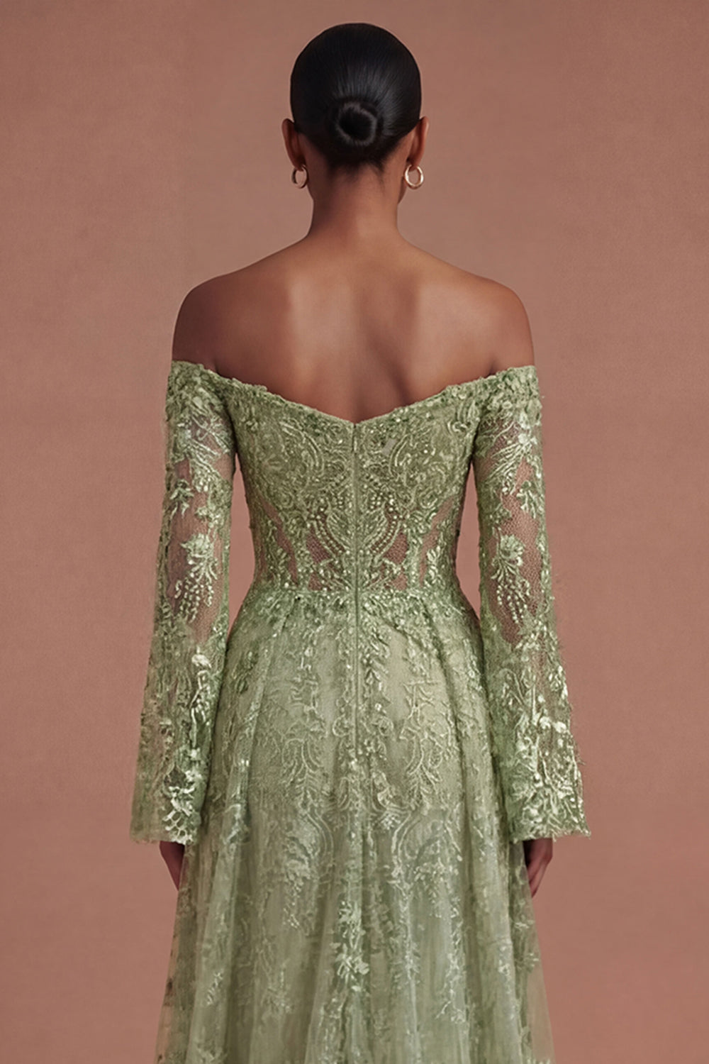 Sage Green A Line Off the Shoulder Lace Floral Long Prom Dress with Slit