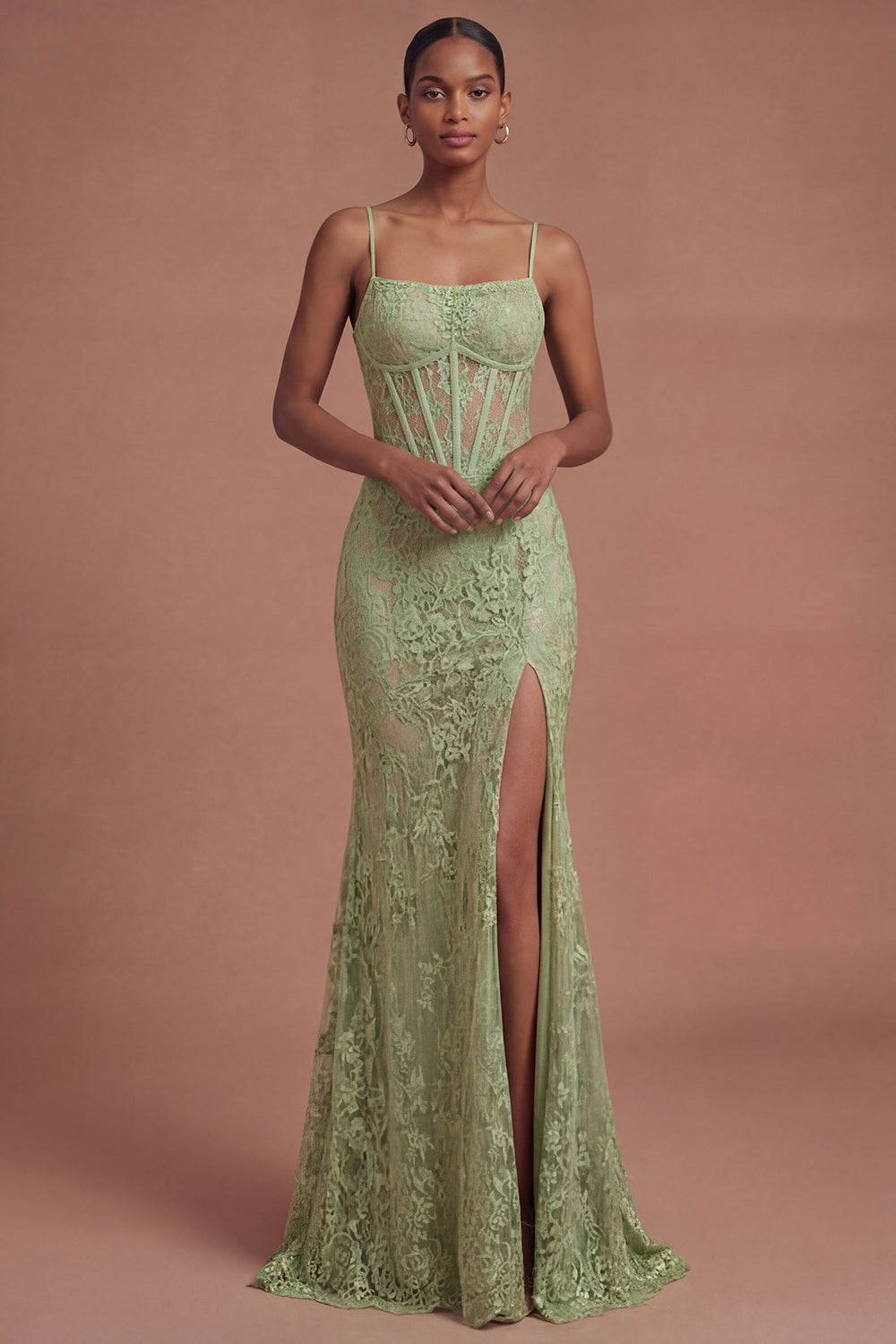 Sage Green Mermaid Corset Spaghetti Straps Long Prom Dress with Slit