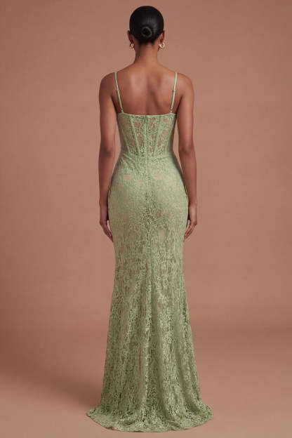 Sage Green Mermaid Corset Spaghetti Straps Long Prom Dress with Slit